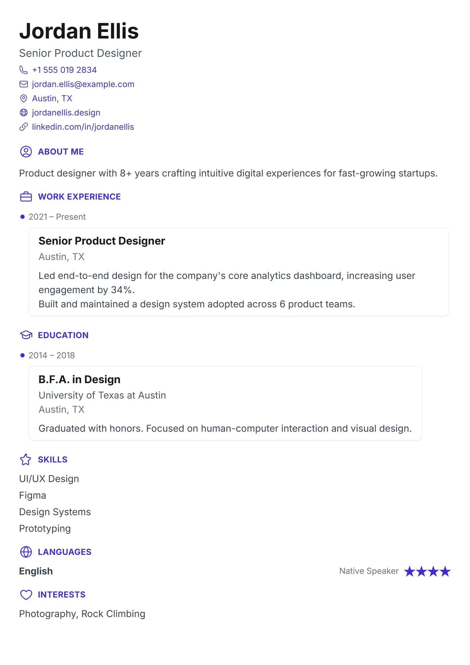 Example resume built with QuickResumeBuilder.online